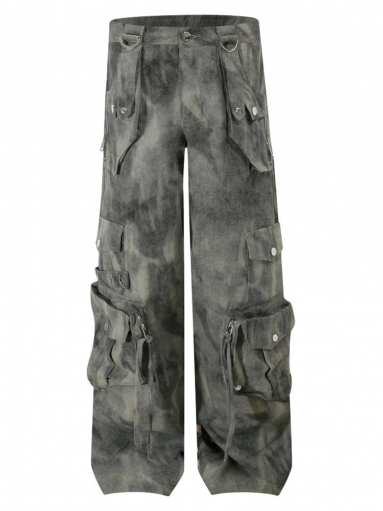 Grau/Grün verblasste Vintage Dark Wash Wide-Leg-Cargojeans mit Reißverschlussbündchen