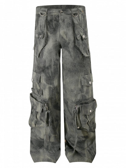 Grau/Grün verblasste Vintage Dark Wash Wide-Leg-Cargojeans mit Reißverschlussbündchen