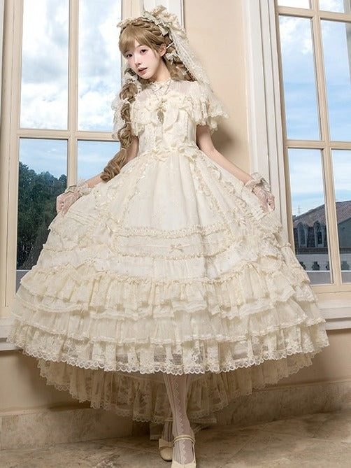 Beige OP Dress with Floral Embroidery, Pearls, and Short Train - Mademoiselle Pearl