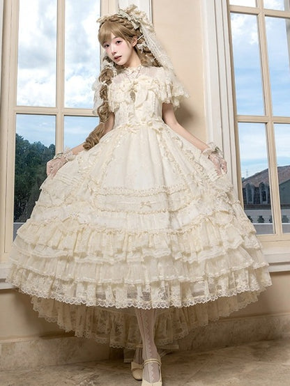 Beige OP Dress with Floral Embroidery, Pearls, and Short Train - Mademoiselle Pearl