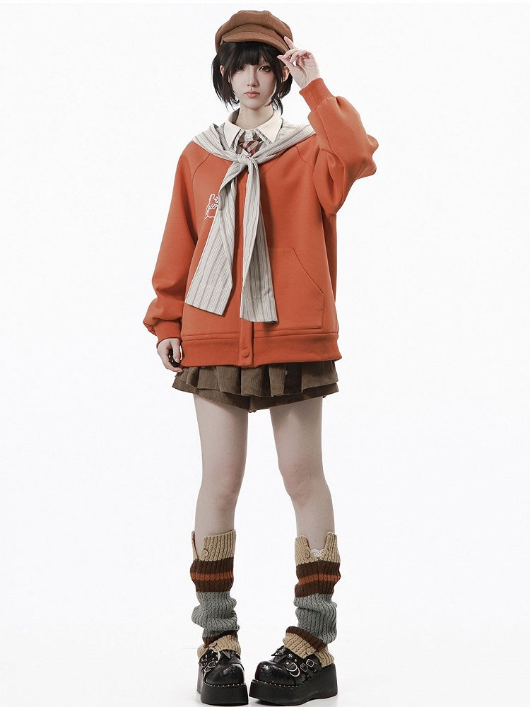 Kawaii Orange V-Neck Fall Jacket with Removable Striped Hood - PINK SAVIOR
