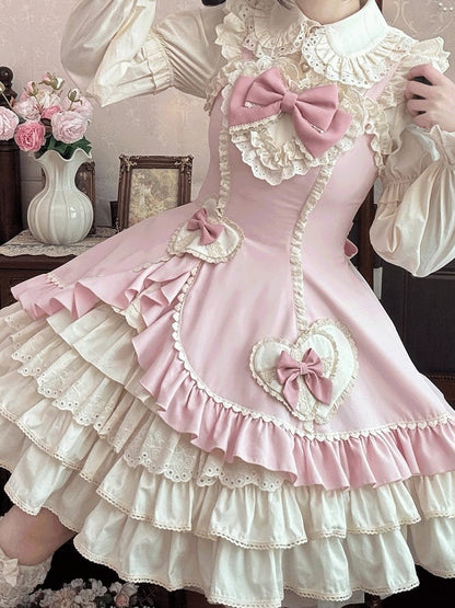 Lolita Heart Lace JSK and with Pink Sweet Dress Patch Ruffles Embellished Beige Bow