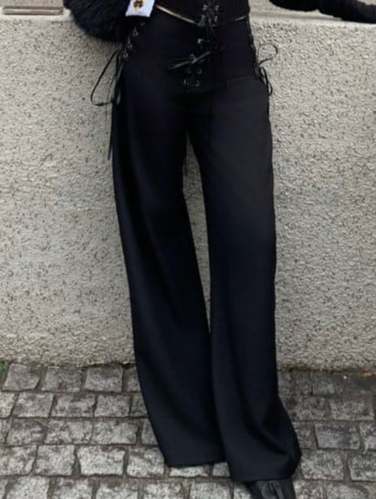 Black Pants Detailing Suit Wide-Leg with Lace-Up