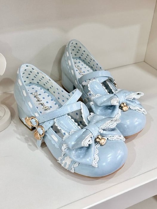 Mary Bow at Blue with Top Theme Sweet Lace-trimmed Bunny Mid-heel Janes