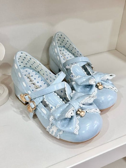 Mary Bow at Blue with Top Theme Sweet Lace-trimmed Bunny Mid-heel Janes
