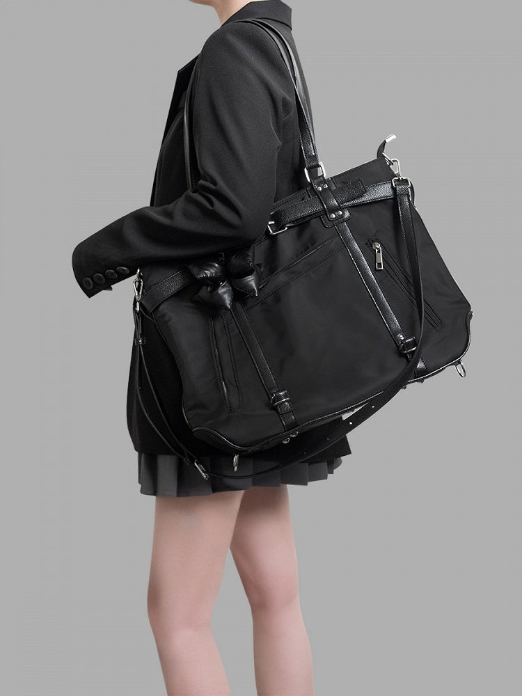 Black With Chic Bold Strap Details Contrast Tote Large-Sized