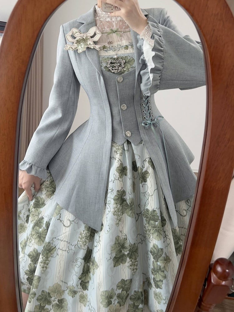 Gray-Blue Retro Elegant Lace-Up Blazer