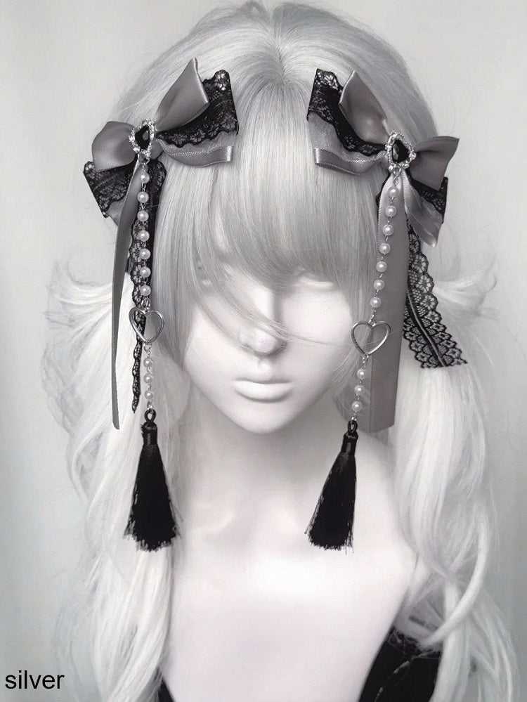 Bow Lace Hair Clip with Heart and Bead Charms - fallen angel