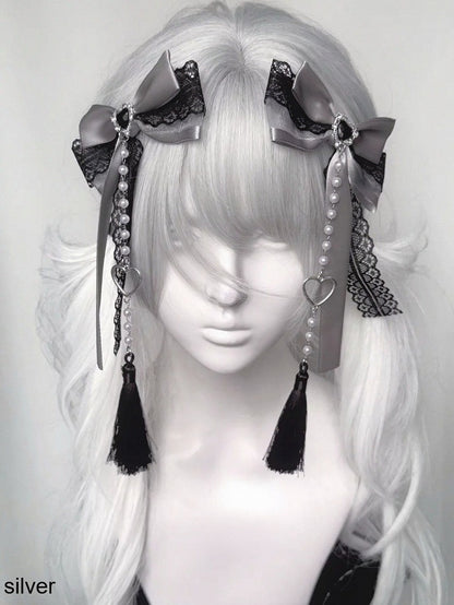 Bow Lace Hair Clip with Heart and Bead Charms - fallen angel