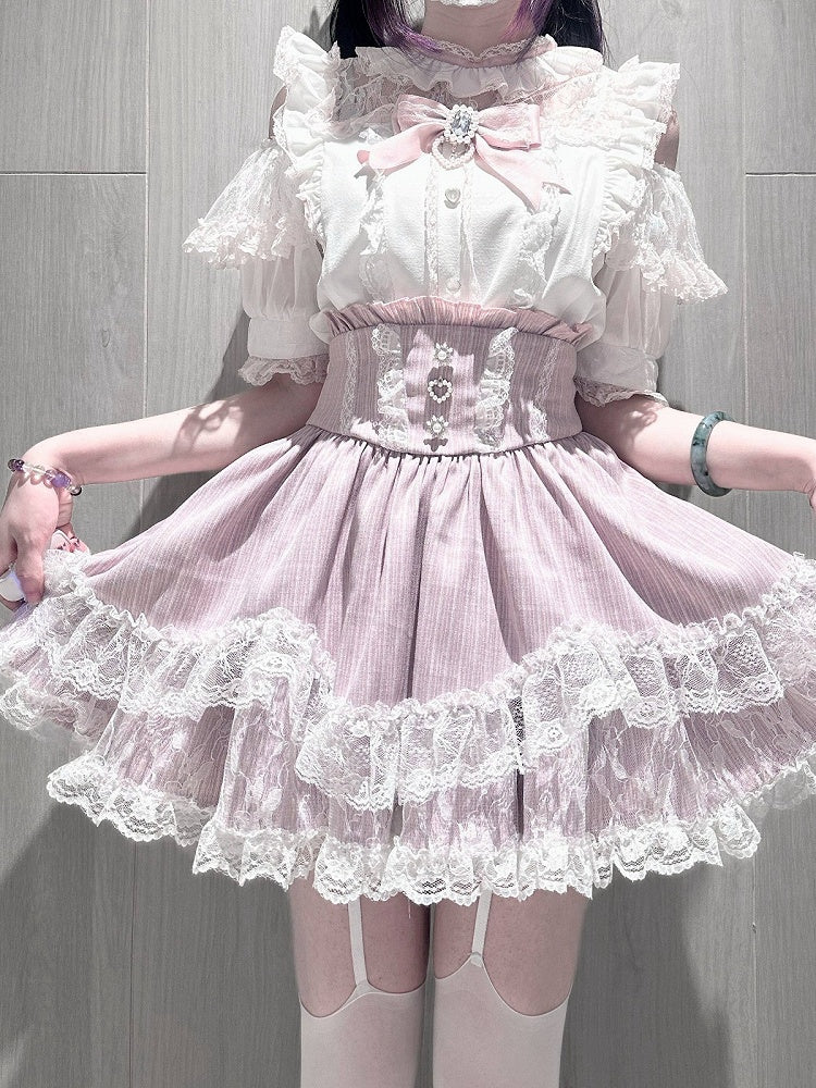 Pink Landmine Style Lace Trim High-Waist Skirt - Virtual Paradise