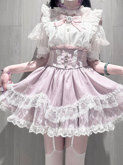 Pink Landmine Style Lace Trim High-Waist Skirt - Virtual Paradise
