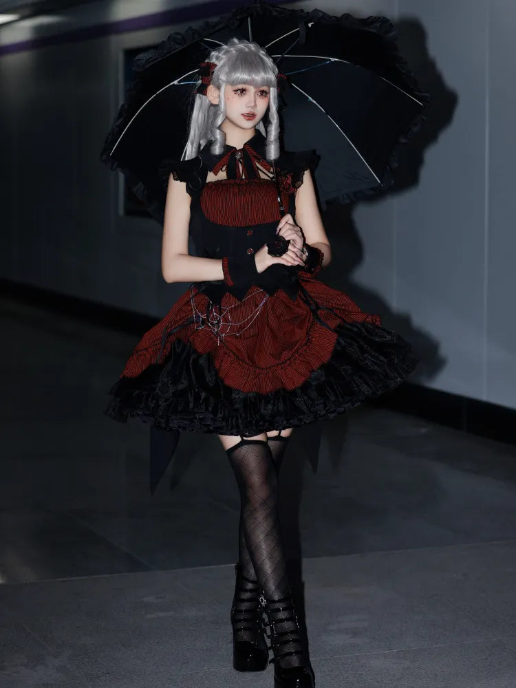 赤と黒のボーンウエストドローストリングストライプ柄裾ハロウィンゴシックロリータドレス