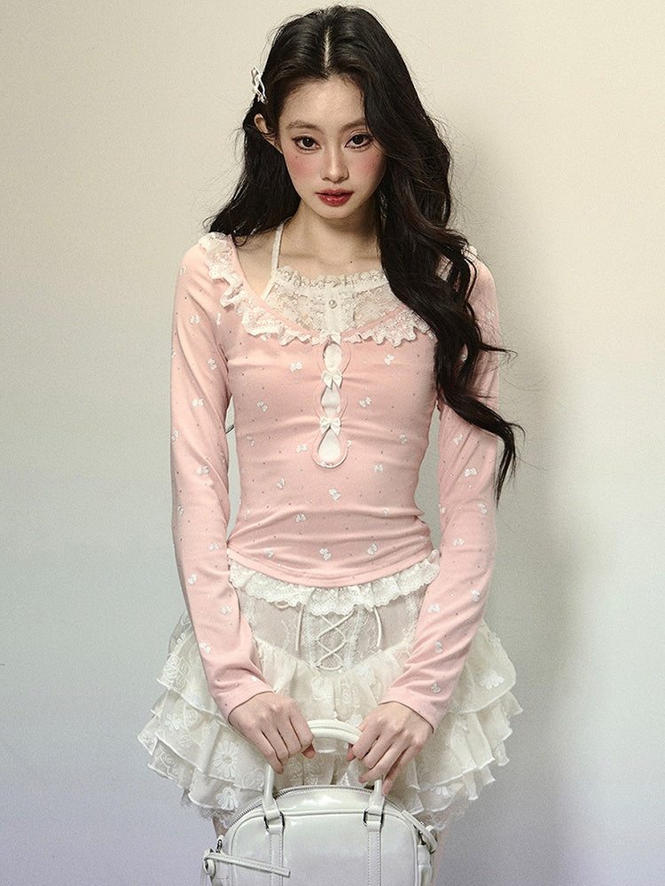 Pink Bows Print Lace Trim Halter Neck Top