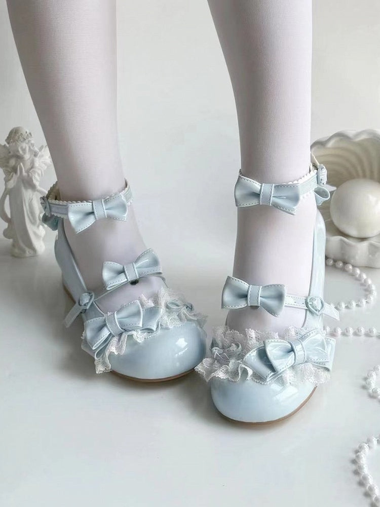 Lolita - Buckle Bow Details Jane Low Lace Shoes Heart-Shaped Mary with and Blue Heel Sweet