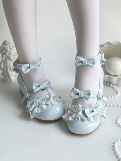 Lolita - Buckle Bow Details Jane Low Lace Shoes Heart-Shaped Mary with and Blue Heel Sweet