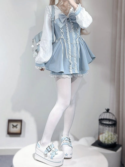 Lace Lace-up Sleeves Trim Light Decorated Details + Long Blue Shorts Kei Top Bowknot Outfit-Beaded Jirai