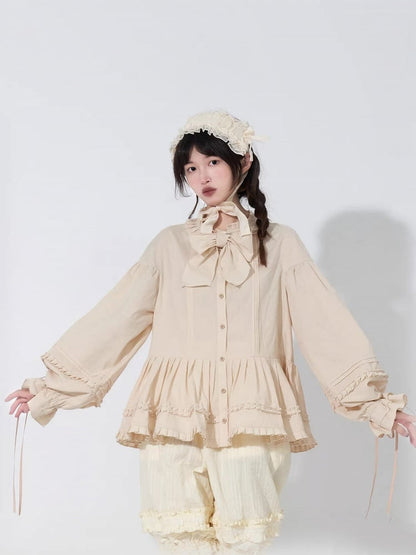 Drawstring Long-Sleeve Ruffled Loose Beige Blouse with Lolita Cuffs