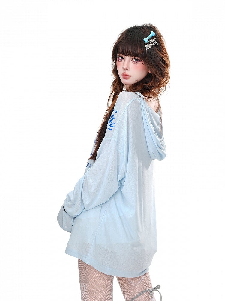 Schwarz/Weiß/Blau Halbtransparenter lockerer Hoodie mit V-Ausschnitt und Buchstaben