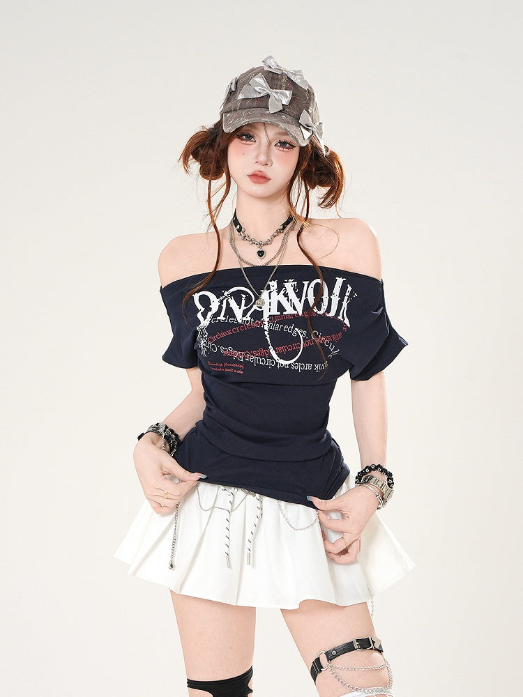 Gray/Navy Off-the-shoulder Blue T-shirt Neckline Letter Slim-fitting Print
