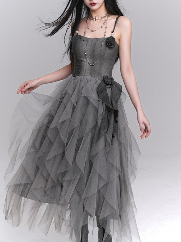 Gothic Rose Gray Accents Slip Tulle Dress Ruffles with Cascading