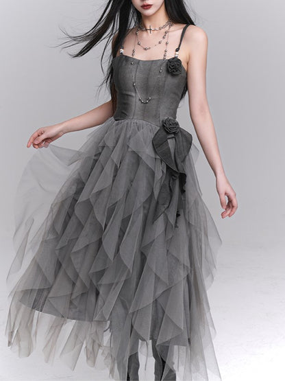 Gothic Rose Gray Accents Slip Tulle Dress Ruffles with Cascading