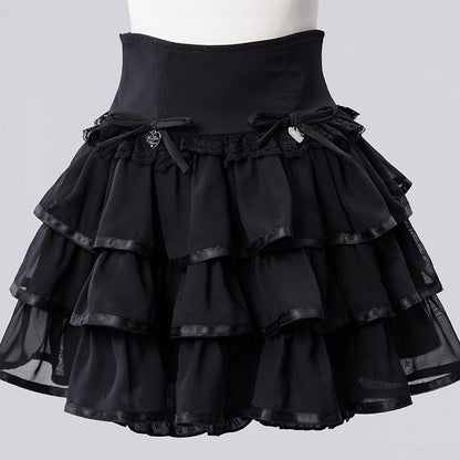 Black Jirai-Kei Ruffle Skirt with Built-In Shorts - Fluffy Heart