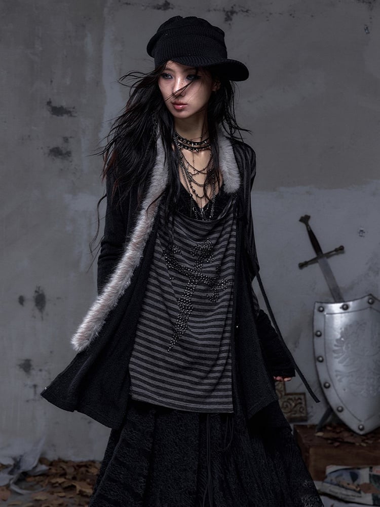 with Two Black Striped Piece Faux Vintage  Lining Cross Rhinestone Punk Top Back Applique