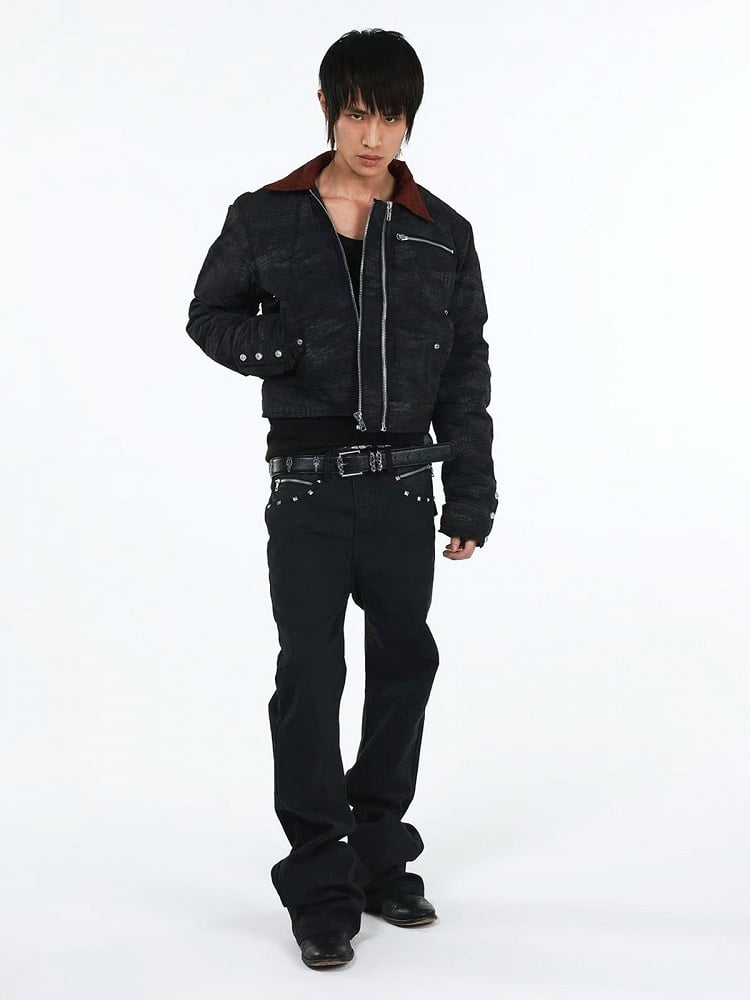 Unisex Punk Distressed Black Stacked Denim with Snake Leather Pockets & Studs - DETW OnLine