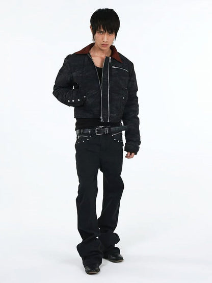 Unisex Punk Distressed Black Stacked Denim with Snake Leather Pockets & Studs - DETW OnLine