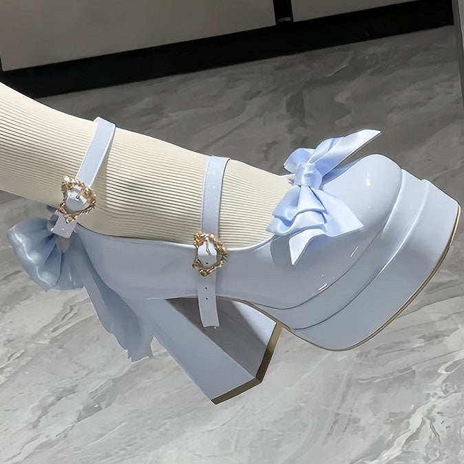 in Toe Lolita Sweet with Bow Platform Round - Detail PU Mary Blue Janes Sky