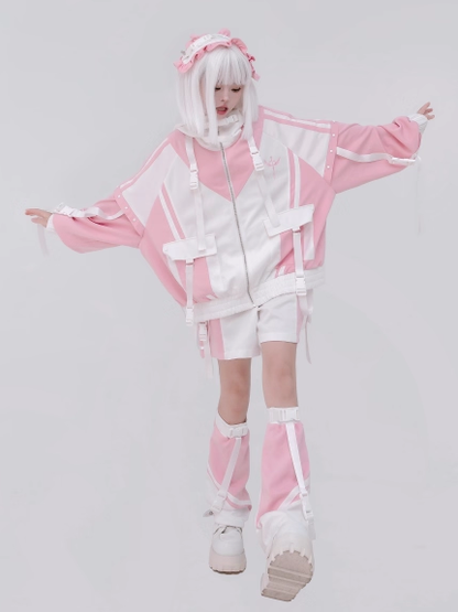 und mit übergroßem weißen Verschluss Techwear Details Colorblock Pink Fit Jacke Snap