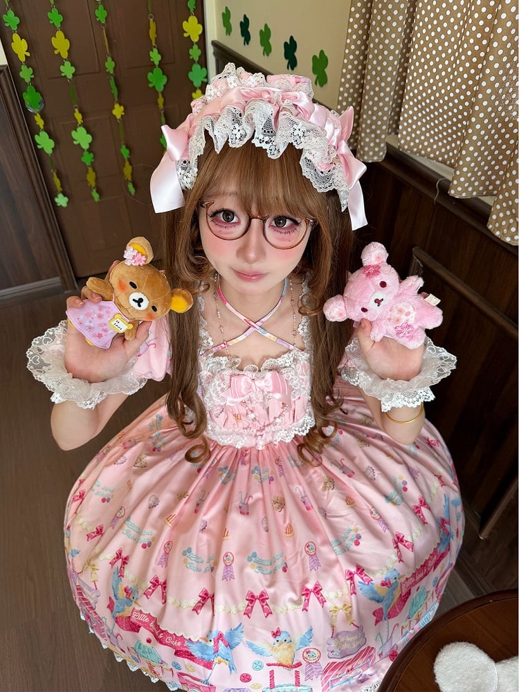 Pink Puff Sleeve Halter Lolita OP Full Set with Dessert and Bird Print, Hairband, Baby Hat, Wrist Cuffs and Bow Hair Clip - Good Night Meow