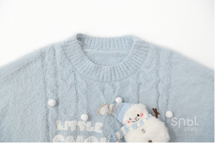 Cute Snowman Adorned Blue Mohair Soft Sweater