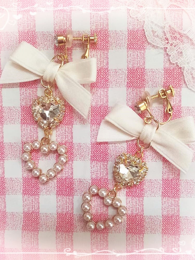 Kei Jirai Earrings Heart Rhinestone Bowknot