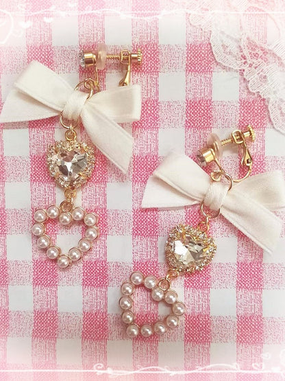 Kei Jirai Earrings Heart Rhinestone Bowknot