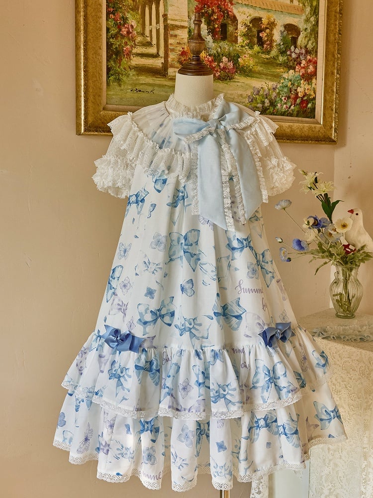 Blue Big Bowknot on Neckline Bows Double Layered Lolita Dress