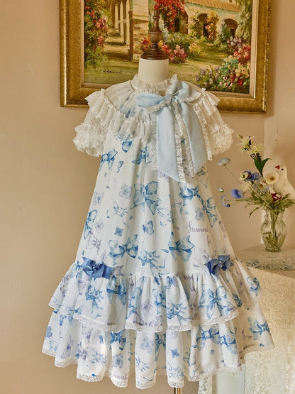 Blue Big Bowknot on Neckline Bows Double Layered Lolita Dress