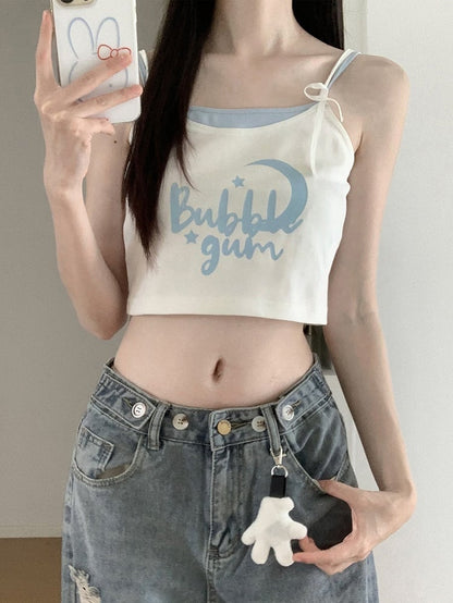 ホワイト＆ブルーのフェイクツーピース クロップドキャミトップ