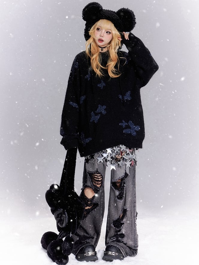 ブラックバタフライラインストーンルーズセーター