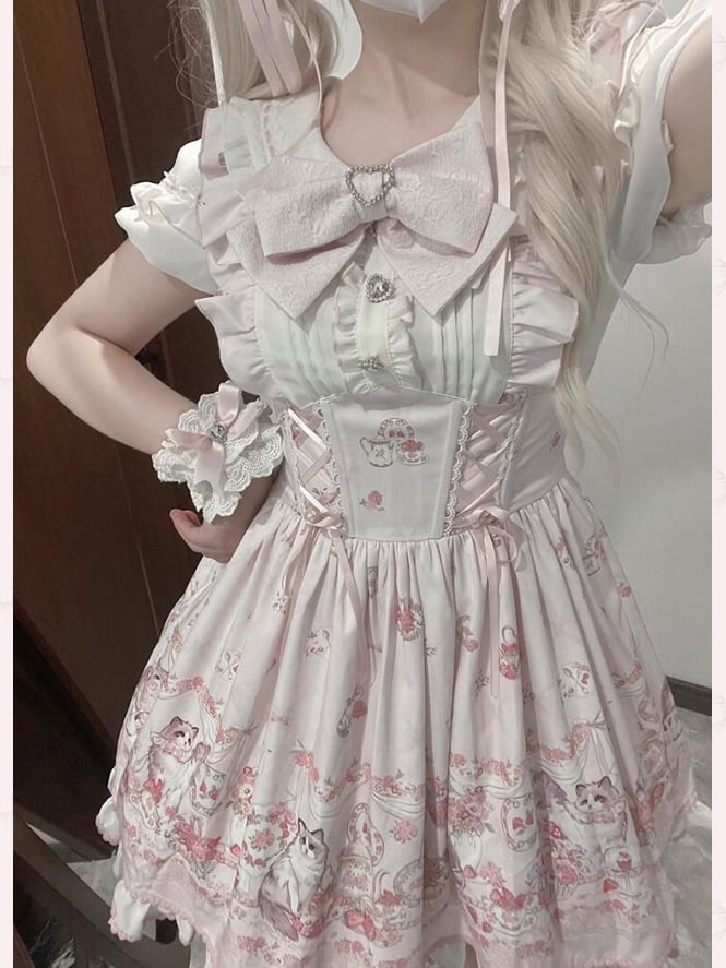 Lace-up Design Sweet Pleating Kei Details Print Pink Cat Jirai