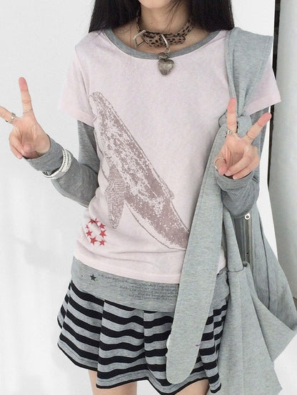 Top Pattern Grey Print Whale - Long Neck Two-piece Sleeve Pink Star Round