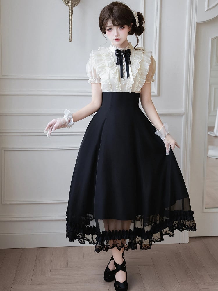 Beige Ruffled Blouse & Black Long Skirt Fake Two Pieces Lolita Dress - With PUJI
