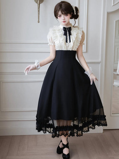 Beige Ruffled Blouse & Black Long Skirt Fake Two Pieces Lolita Dress - With PUJI
