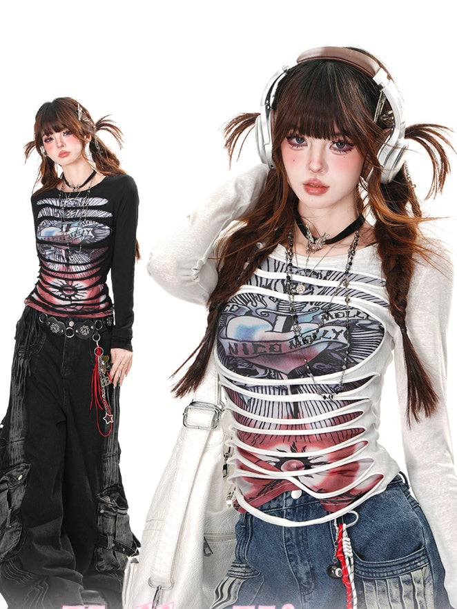Round Punk Top Black/White Graphic Glamorous Neck