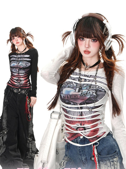 Round Punk Top Black/White Graphic Glamorous Neck