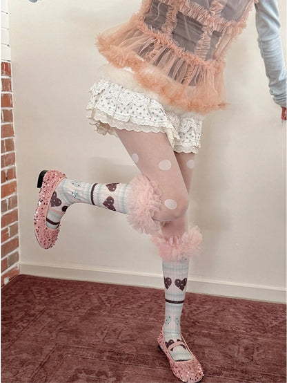 Socks Tulle Sweet Ruffle Pattern Heart Pink with Trim Calf