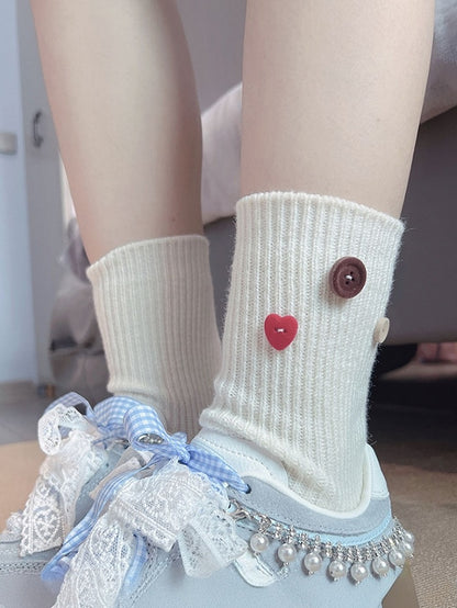 Milk White Sweet Button Decorated Calf Socks