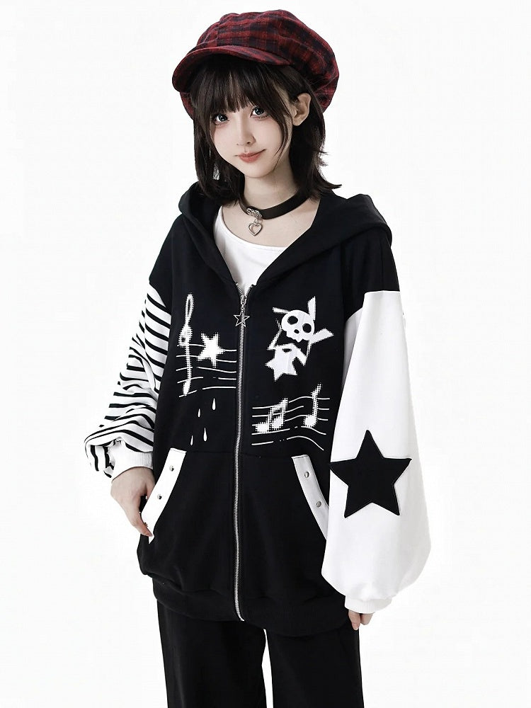 and Zipper Star Zip-Up Black Graffiti with Hoodie Applique Y2K