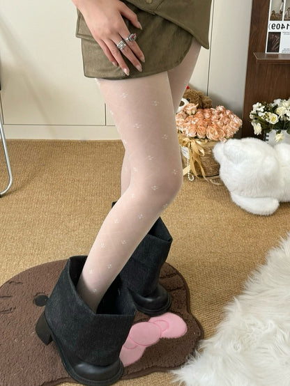 Black/White And Clover Diamond Pattern Tights Four-leaf