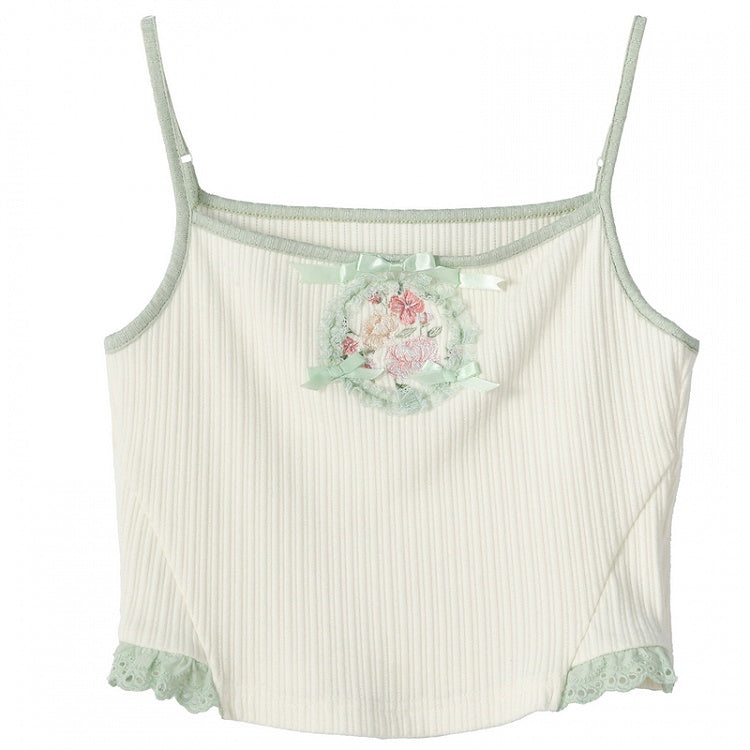 Cami Top mit Blumenverzierung, Stickerei und Schleifen, Weiß, kurz